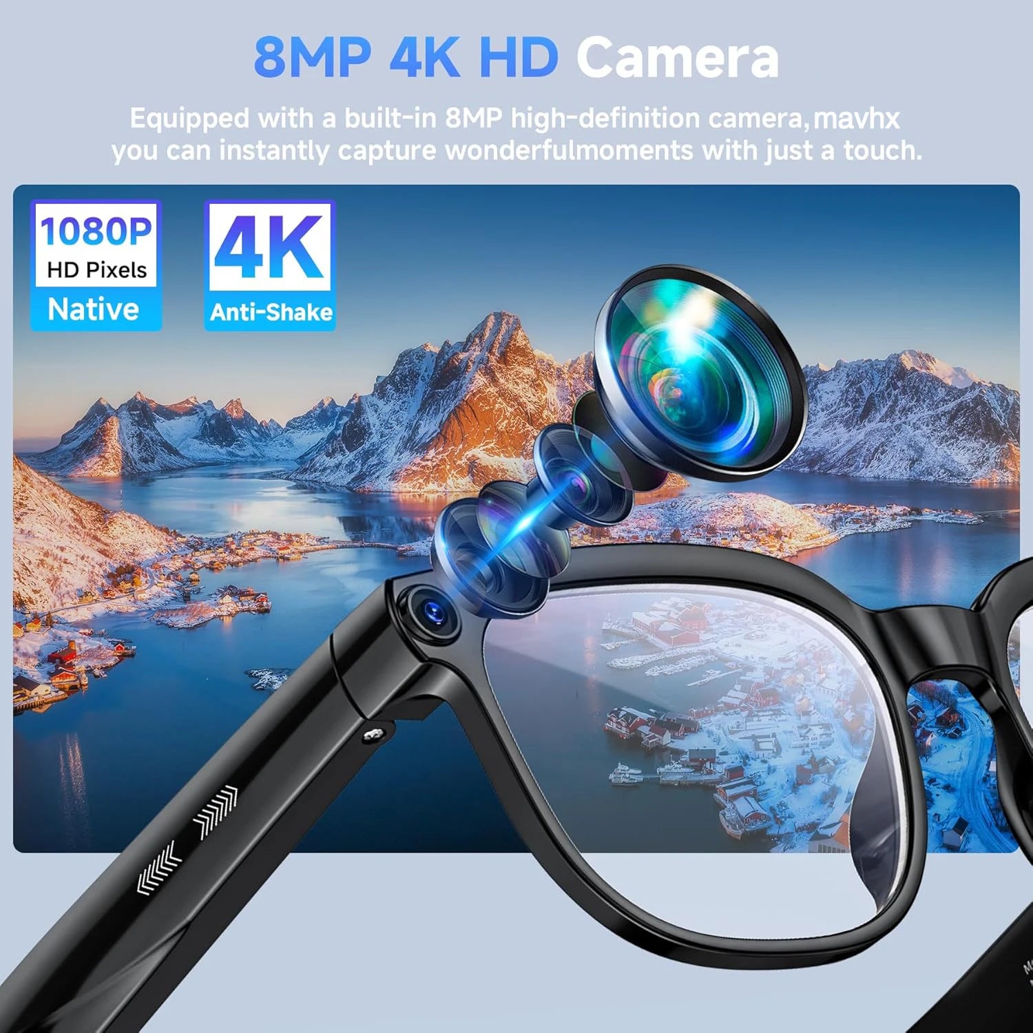 Zwart virtueel realiteitsbril met 800K HD-camera en 32G geheugen, geschikt voor gaming en video-opnames in een futuristische stadsomgeving met neonlic