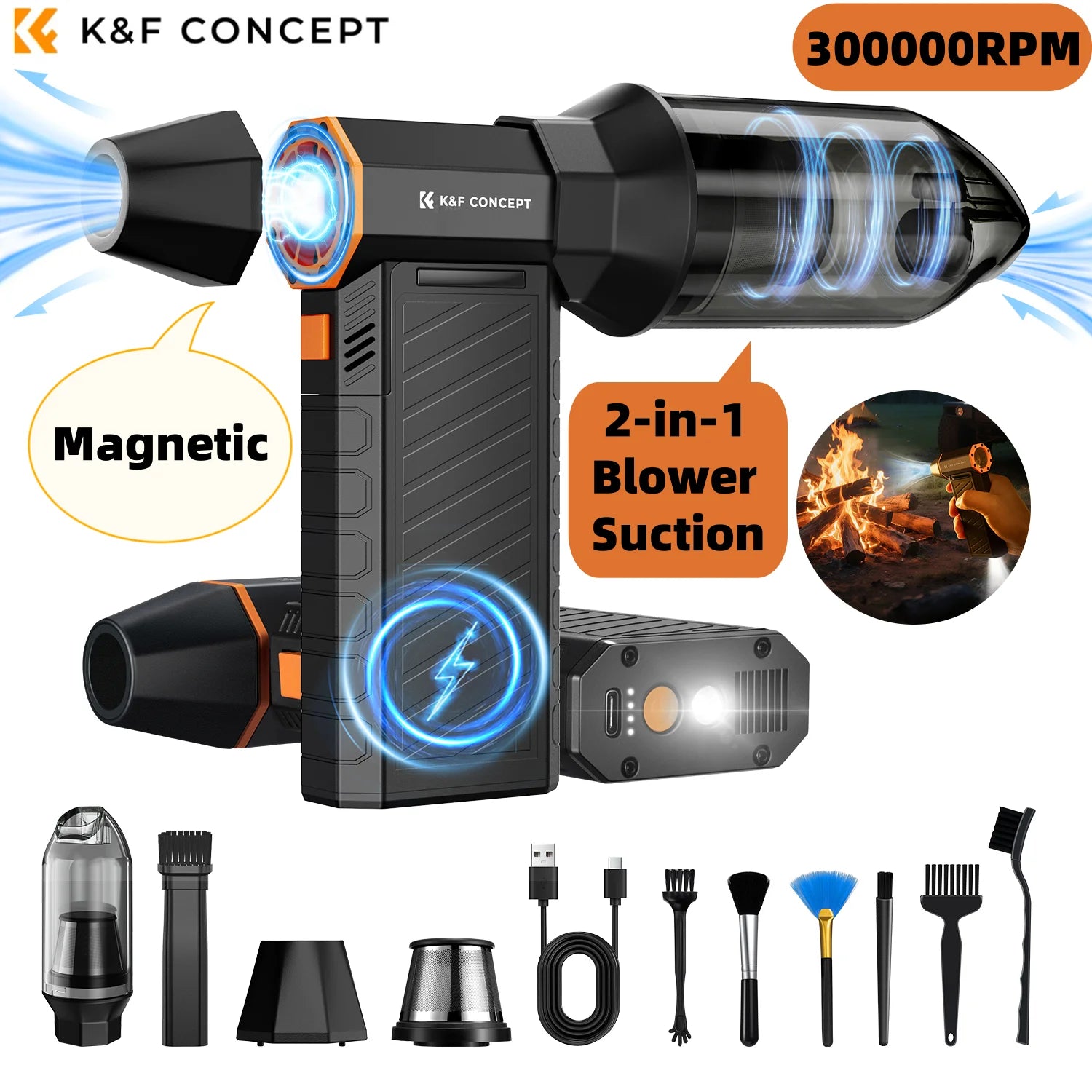 De K&F Concept 2-in-1 blower-suction met 300.000 RPM en magnetische houder, uitgerust met diverse borstels en accessoires voor efficiënte schoonmaak v