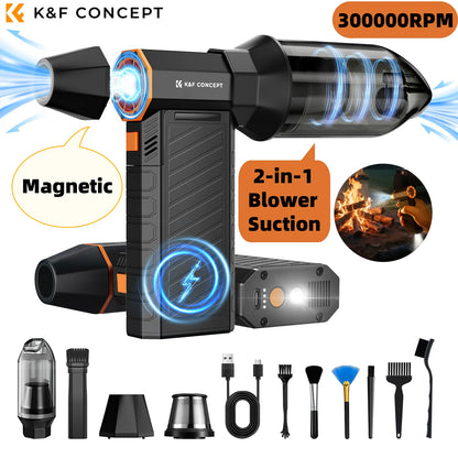 De K&F Concept 2-in-1 blower-suction met 300.000 RPM en magnetische houder, uitgerust met diverse borstels en accessoires voor efficiënte schoonmaak v