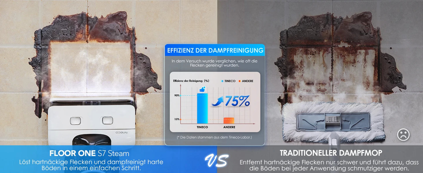 De Tineco stofzuiger met stoomfunctie heeft een moderne zilveren en zwarte kleur, een transparante waterreservoir en een stoomkop die damp uitblaast v