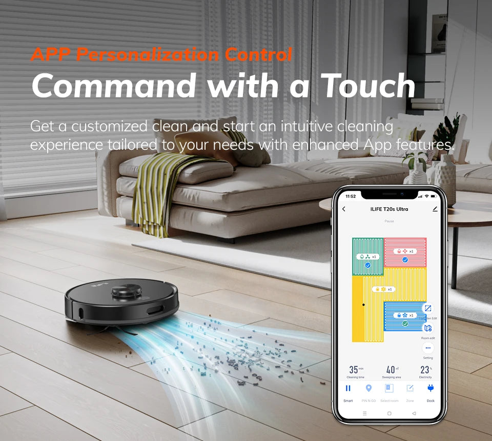 Zwarte ILIFE robotstofzuiger met glanzend metaalaccent en bijpassende oplader, geïntegreerd met slimme app voor automatische vloerreiniging in huishou