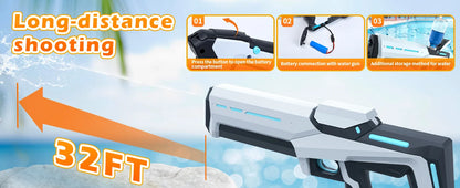 Een witte elektrische waterpistool met blauwe LED-verlichting, vastgehouden door een jonge vrouw in jeans. Geschikt voor speelplekken en zomerfeesten,