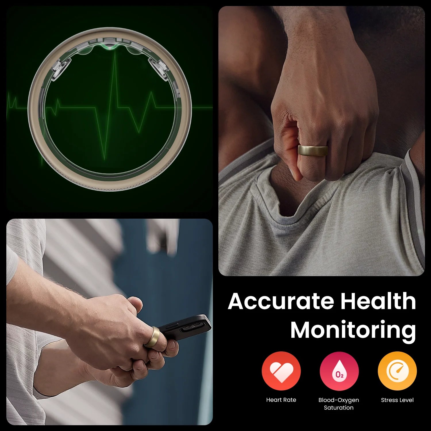 De Amazfit Helio Ring, een goudkleurige, 2,6mm dunne slimme ring met een textuurrijke buitenkant, toont zichtbare sensorcomponenten en is speciaal ontworpen voor dagelijks gezondheids- en slaapmonitoren. - Foto 3