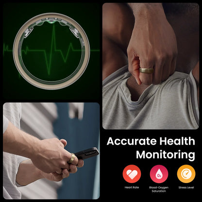 De Amazfit Helio Ring, een goudkleurige, 2,6mm dunne slimme ring met een textuurrijke buitenkant, toont zichtbare sensorcomponenten en is speciaal ontworpen voor dagelijks gezondheids- en slaapmonitoren. - Foto 3
