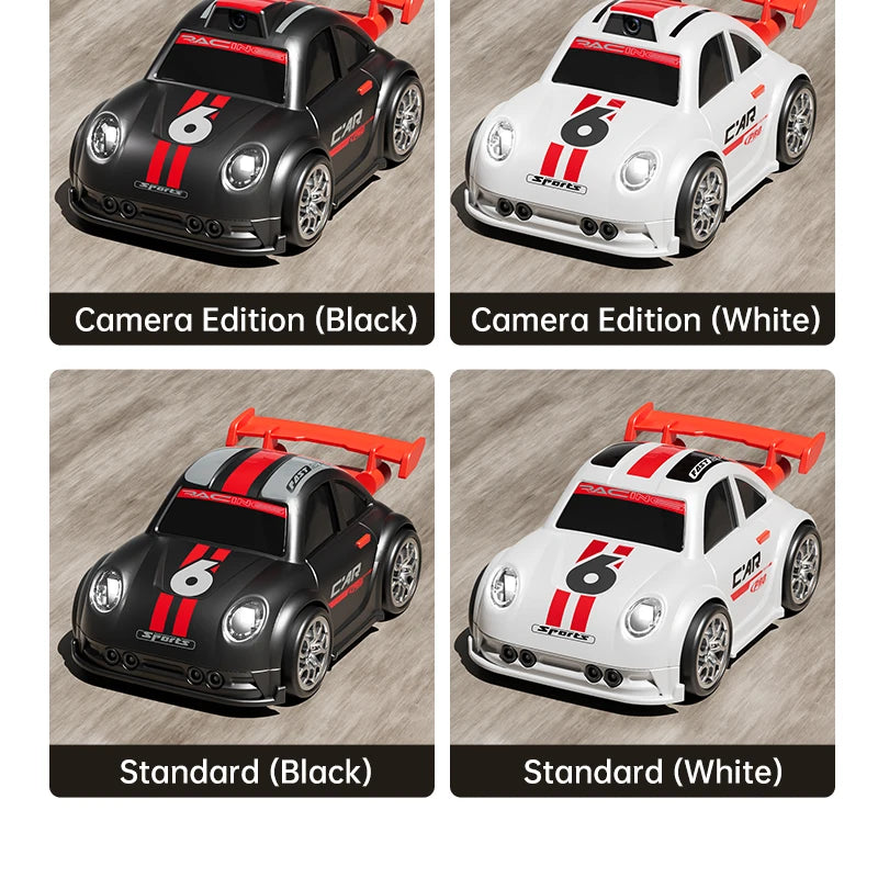 Zwart en witte raceauto’s met HD-camera’s voor live-uitzending, gestuurd via een draadloze controller met scherm. Perfect voor kinderen die racen en s