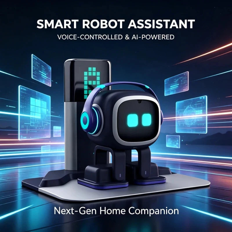 Interactieve compagnonsrobot met blauwe koptelefoon en groene oogleden, op houten tafel naast smartphone, geschikt voor kinderen en ouderen als emotio