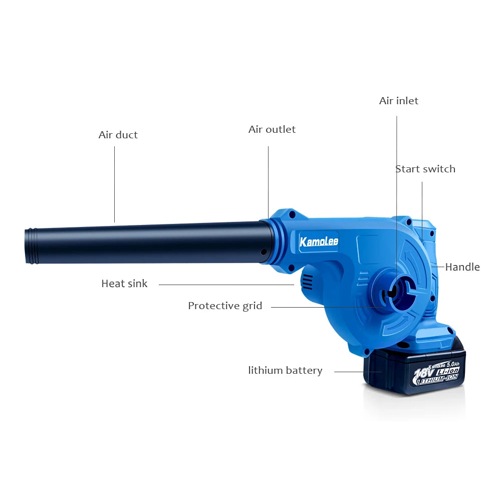 Kamolee draadloze blower in helderblauw met zwart uitblaasstuk, voorzien van 18V lithium-ion accu en extra batterijen, geschikt voor tuin- en bouwproj
