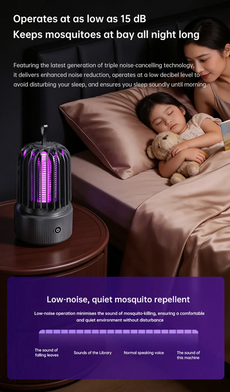 Zwart Xiaomi elektrische muggenkiller met paarse UV-lamp en draadloze hanghaak, ontworpen voor binnen- en buitengebruik. Effectief tegen muggen in sla