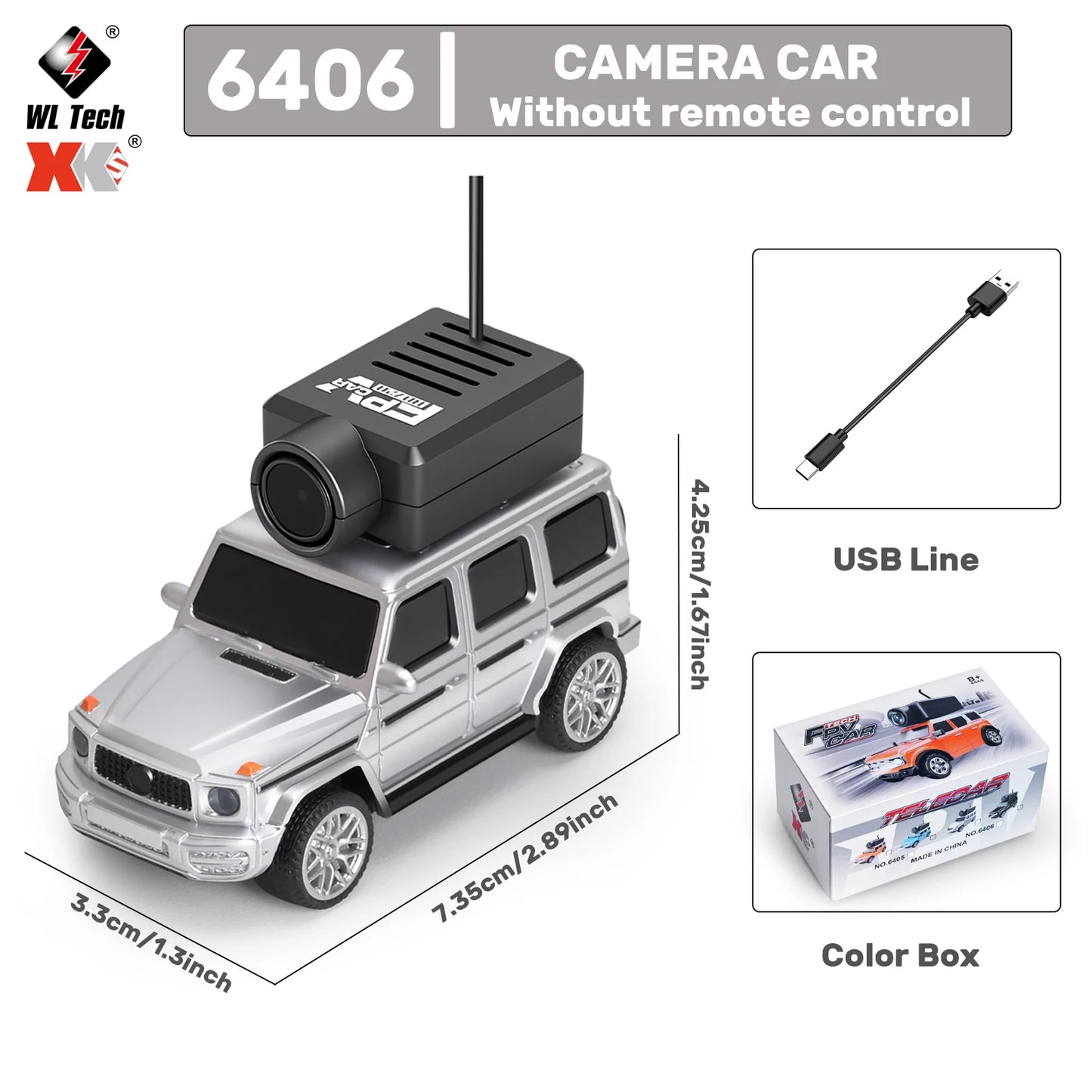 Mini camera-voertuigen in zwart, zilver, oranje en lichtblauw, elk met een zwarte camera op het dak, inclusief stuurunit en USB-kabel voor speelgoedau