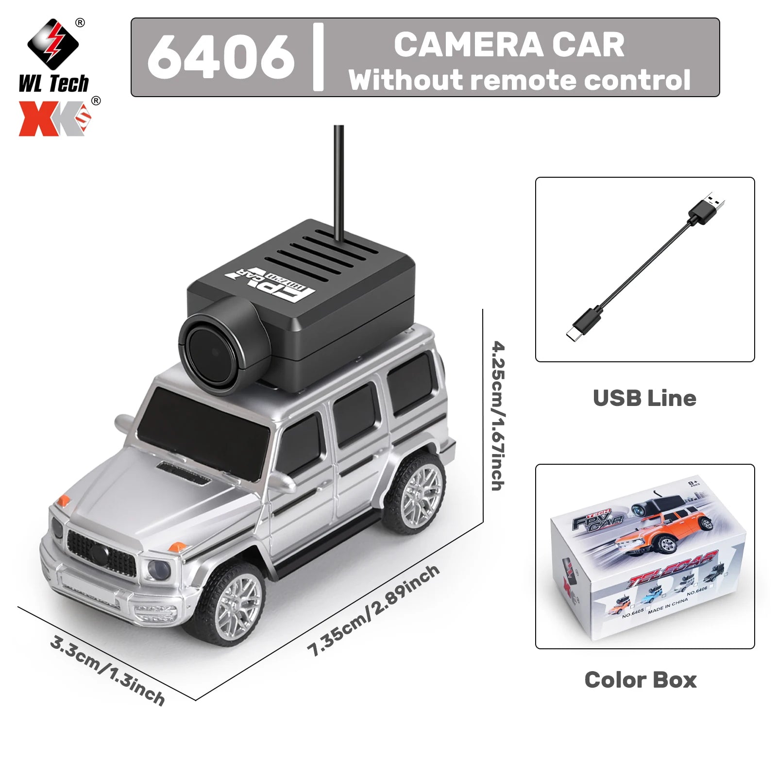 Mini camera-voertuigen in zwart, zilver, oranje en lichtblauw, elk met een zwarte camera op het dak, inclusief stuurunit en USB-kabel voor speelgoedau
