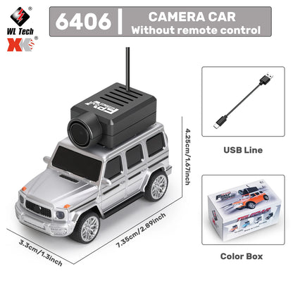 Mini camera-voertuigen in zwart, zilver, oranje en lichtblauw, elk met een zwarte camera op het dak, inclusief stuurunit en USB-kabel voor speelgoedau