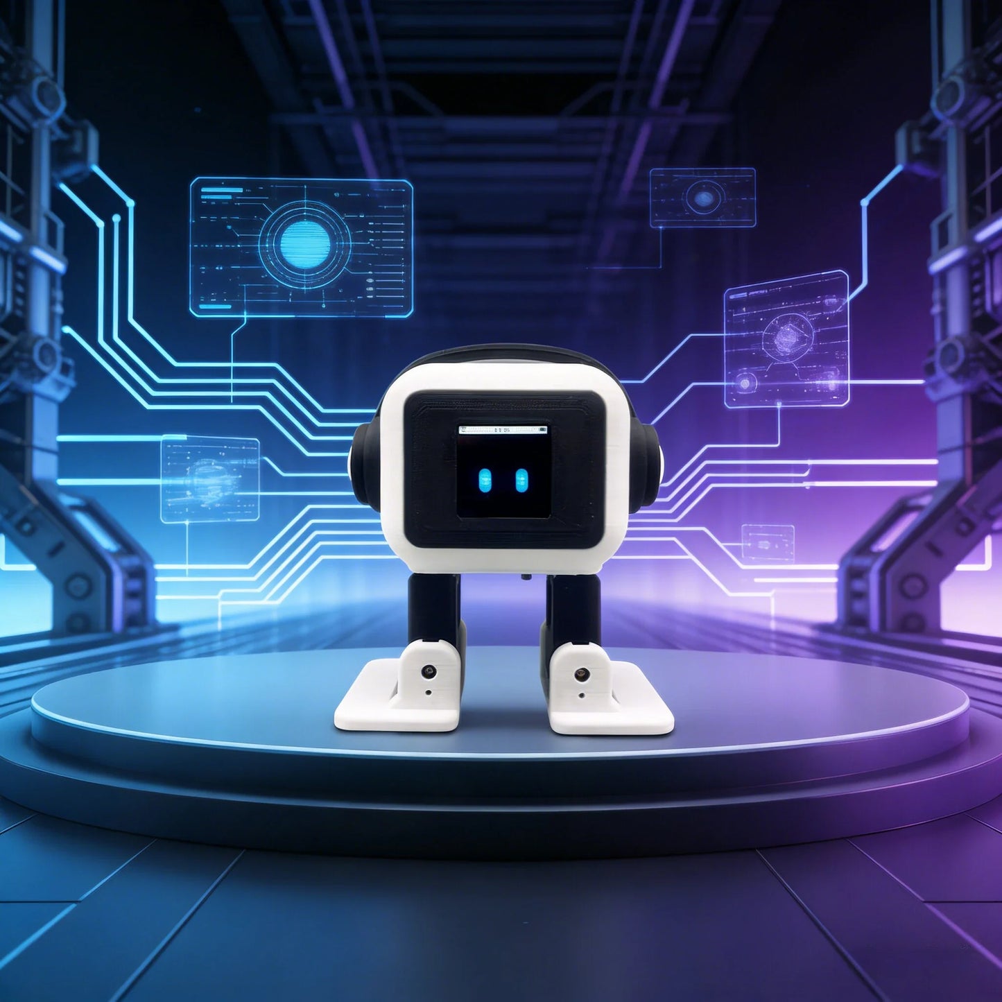 Interactieve compagnonsrobot met blauwe koptelefoon en groene oogleden, op houten tafel naast smartphone. Ideaal voor kinderen en ouderen die een stem
