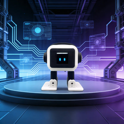 Interactieve compagnonsrobot met blauwe koptelefoon en groene oogleden, op houten tafel naast smartphone. Ideaal voor kinderen en ouderen die een stem