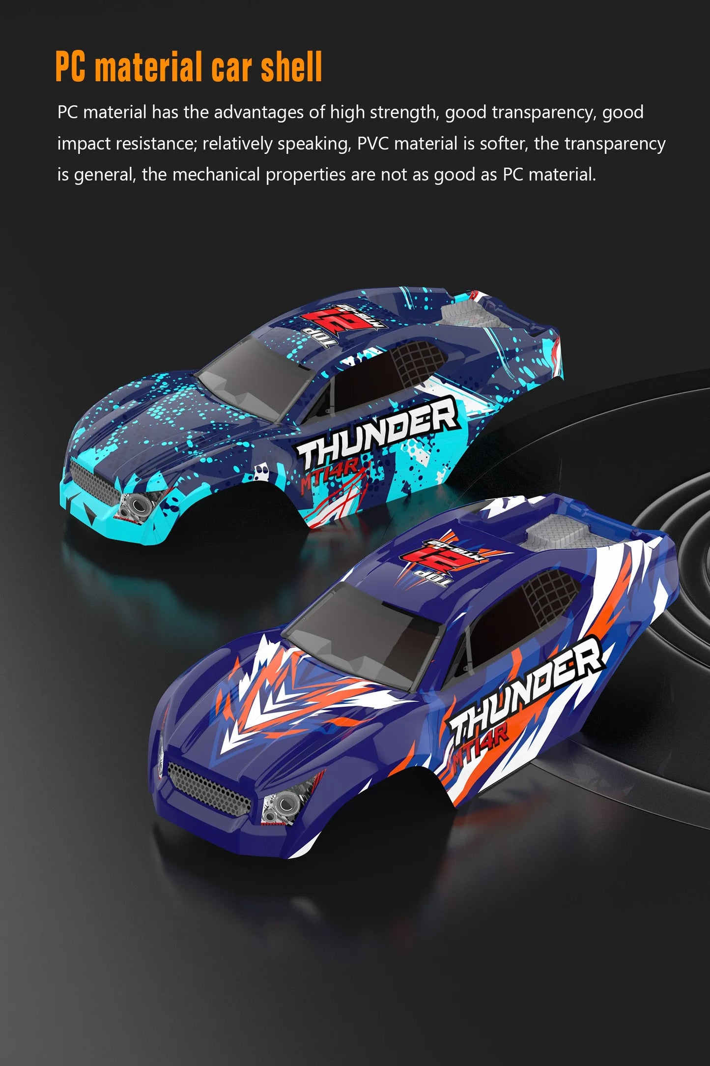Blauwe JIUSI MT14R 1/14 RC-raceauto met zwarte banden en “STORM”- en “THUNDER”-afbeeldingen, geschikt voor speelgoedraces en buitenactiviteiten. Perfe