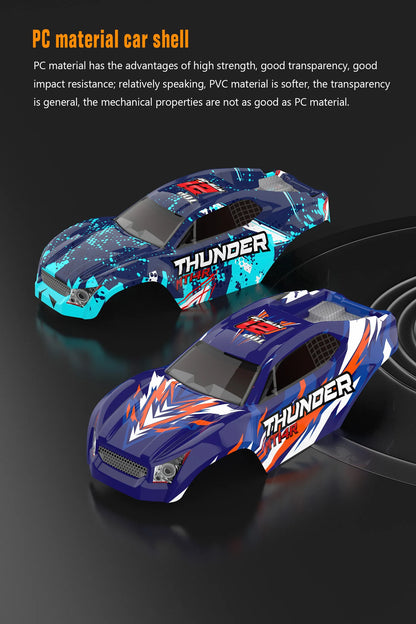 Blauwe JIUSI MT14R 1/14 RC-raceauto met zwarte banden en “STORM”- en “THUNDER”-afbeeldingen, geschikt voor speelgoedraces en buitenactiviteiten. Perfe