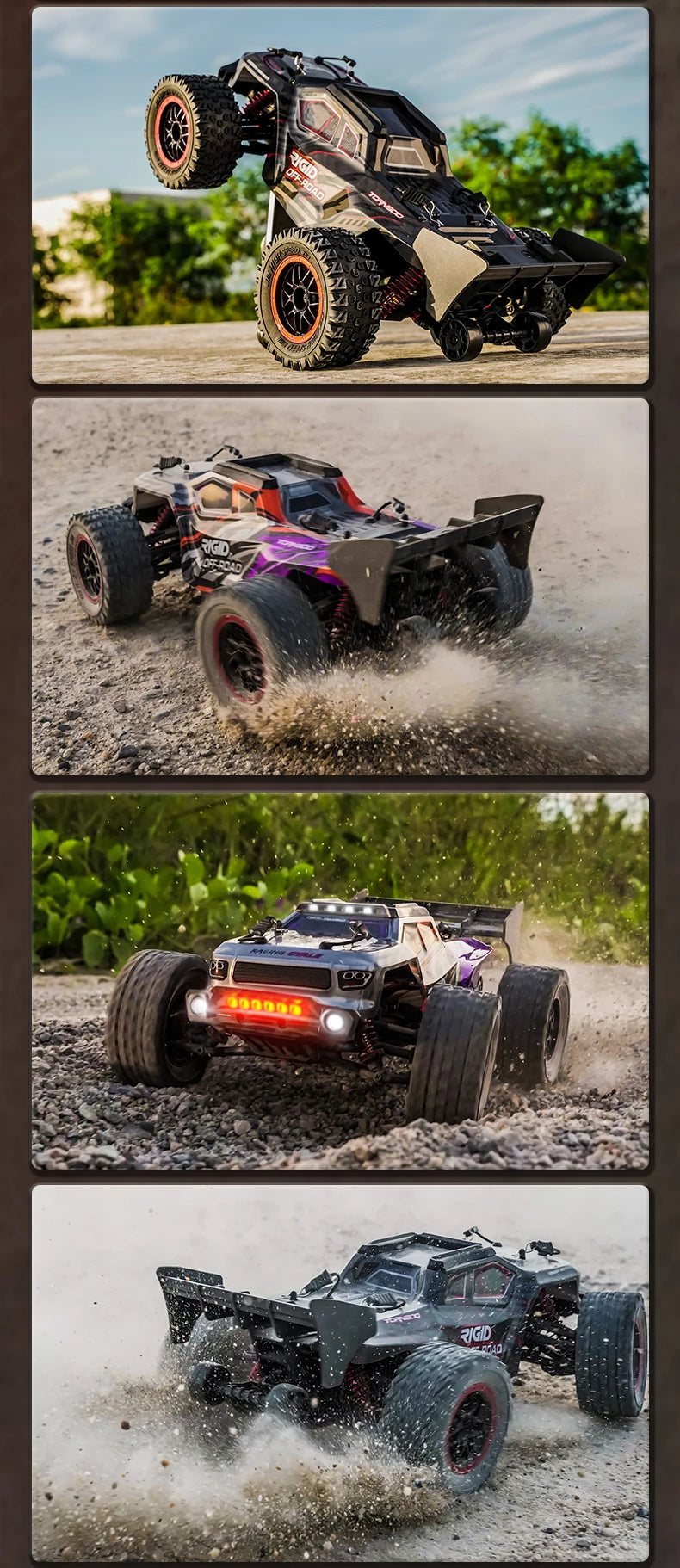 Zwart Rigid off-road RC-raceauto met rode velgen en LED-verlichting, uitgerust met stuurcontroller, batterijen en opbergzak voor terreinrijden en spee