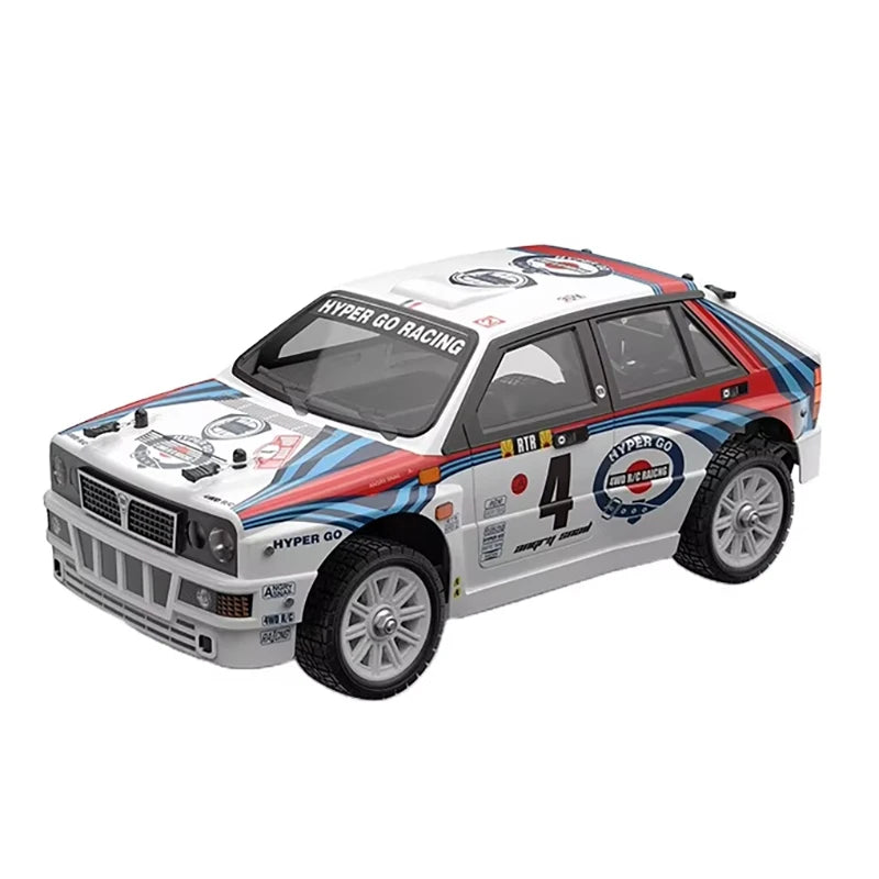 Een witte 1:14 schaalmodel rallyauto met blauwe en rode strepen, 4x4 aandrijving en een supermotor, geschikt voor racetracks en speelpleinen. Geschikt