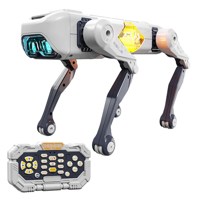 Een witte, futuristische robot hond met blauwe oogleden en een geel logo, staat klaar met een afstandsbediening voor kinderen. Perfect voor speelplekk