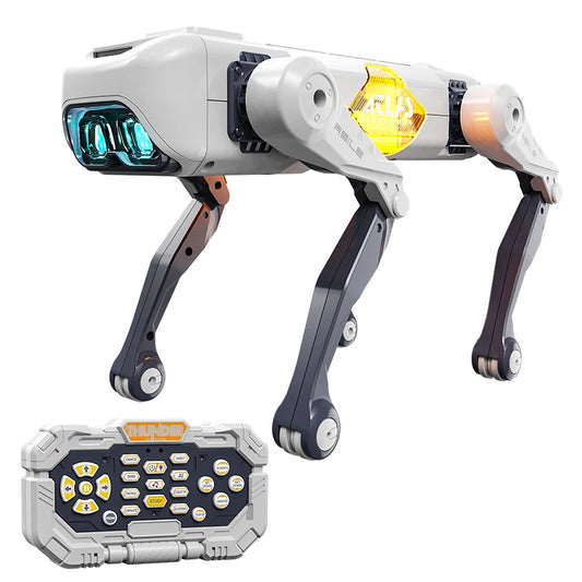 Een witte, futuristische robot hond met blauwe oogleden en een geel logo, staat klaar met een afstandsbediening voor kinderen. Perfect voor speelplekk