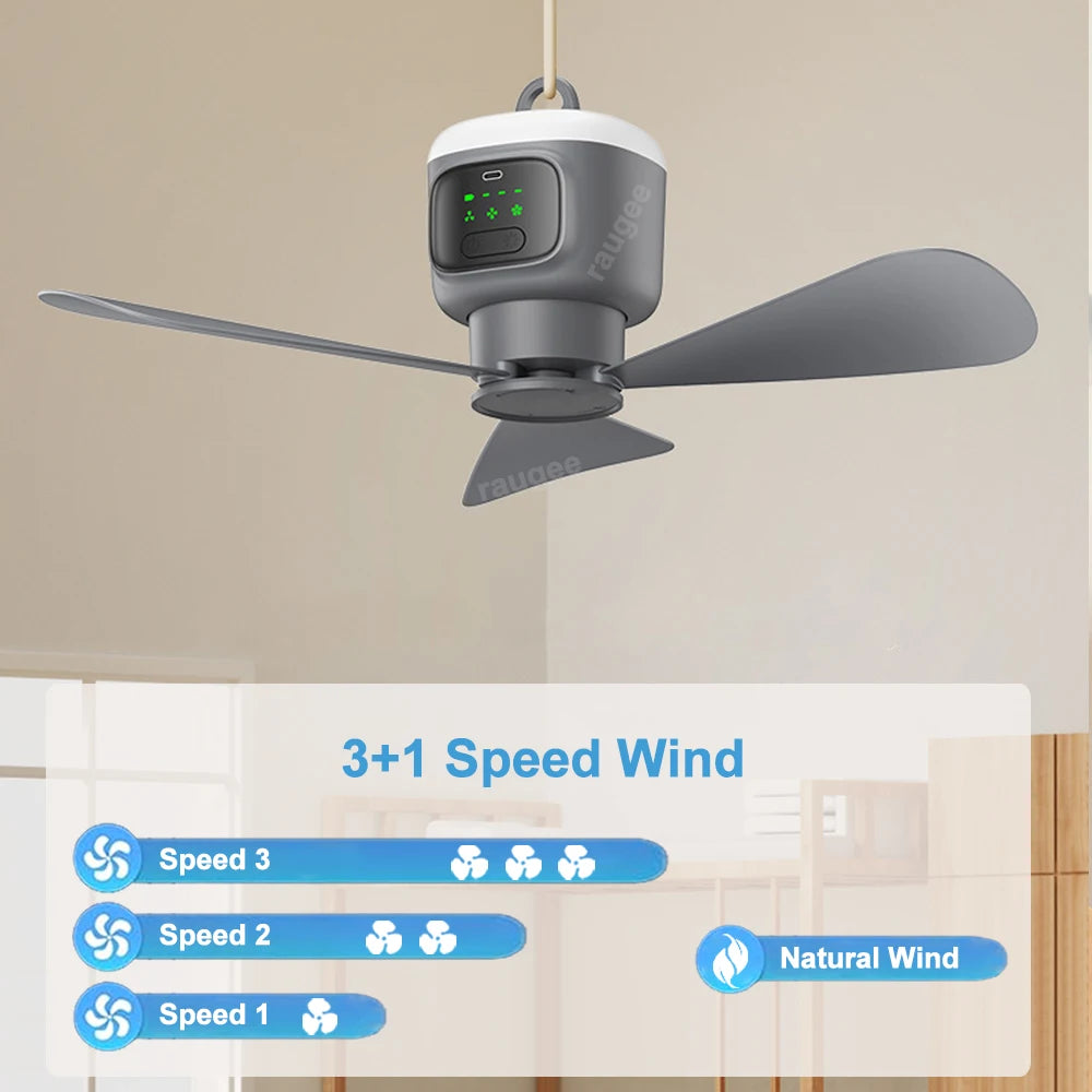 Grijze draadloze wandelventilator met LED-lamp en 12000mAh batterij, hangend onder een tent. Geschikt voor kamperen en buitenactiviteiten, bedienbaar 