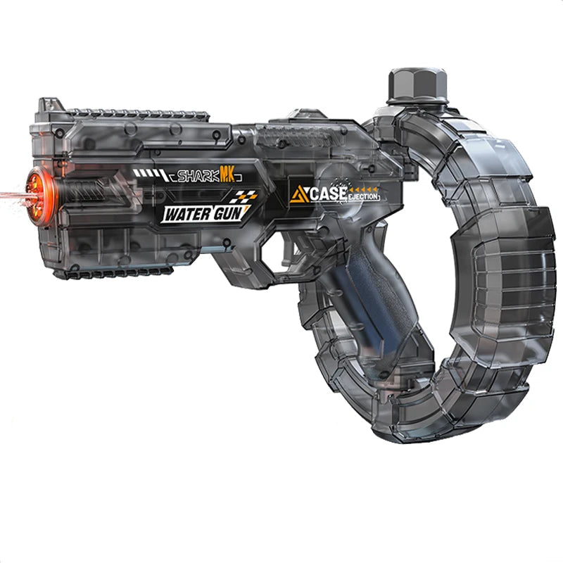 De elektrische waterpistool Shark MK-1 heeft een transparante, futuristische constructie met een opvallende rode uitlaat en een grote, mechanische lin