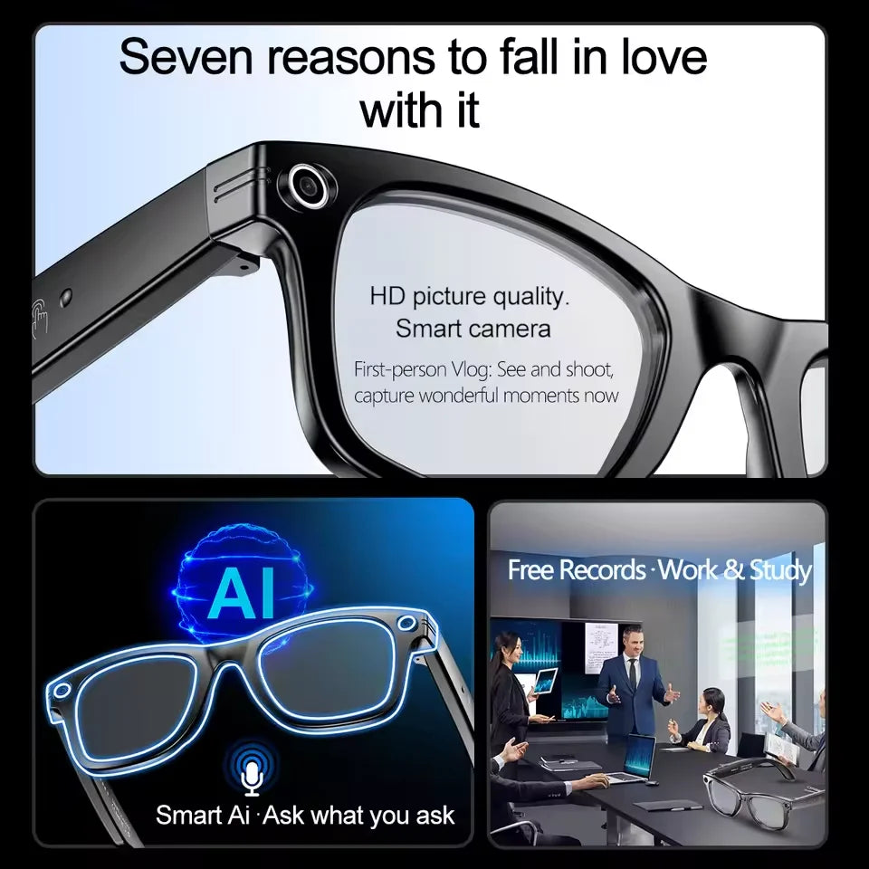 Zwart Google Glass met HD-camera en meerdere kleuren lenzen, ontworpen voor volledige HD-video-opnames en AI-gebaseerde functies zoals vertaling en be
