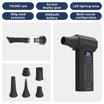 Zwarte draadloze superkrachtige turbo ventilator met digitale display, inclusief diverse accessoires voor auto’s en huishoudelijk gebruik. Geschikt vo
