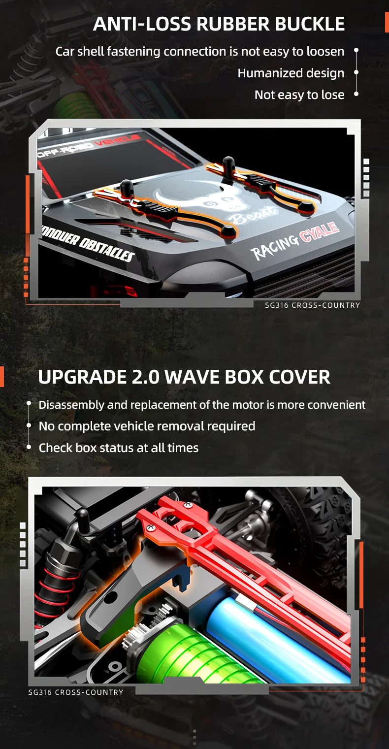 Zwart met rode accenten RC terreinwagen met grote knipperende LED-lichten en zichtbare wielen, inclusief stuur, batterijen en opbergzak voor off-road 