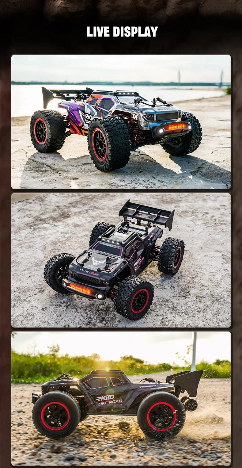 Zwart Rigid off-road RC-raceauto met rode velgen en LED-verlichting, uitgerust met 3 blauwe batterijen, stuurcontroller en draagtas voor speelplein of