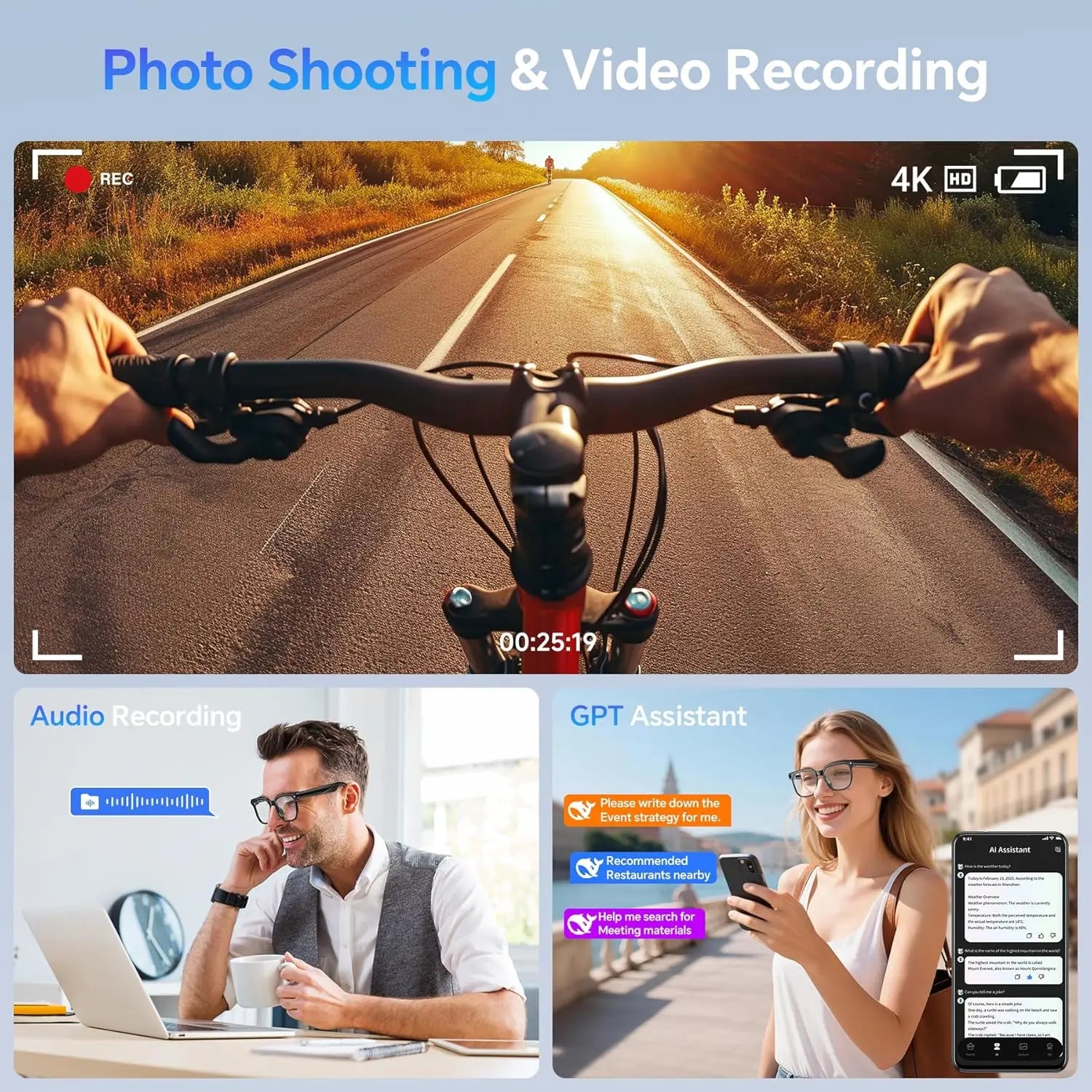 Zwart virtuele realiteitsbril met 800K HD-camera en 32G geheugen, geschikt voor video-opnames en vertalingen in een futuristische stadsomgeving. - Fot