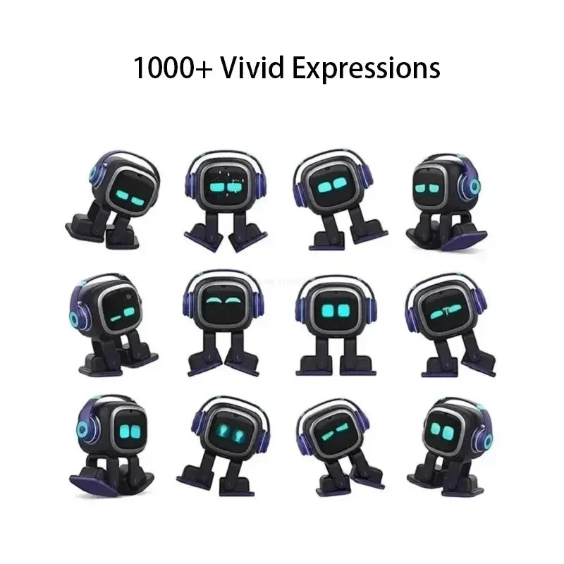 Interactieve compagnonsrobot met blauwe koptelefoon en groene oogleden, op houten tafel naast smartphone. Ideaal voor kinderen en ouderen die een stem