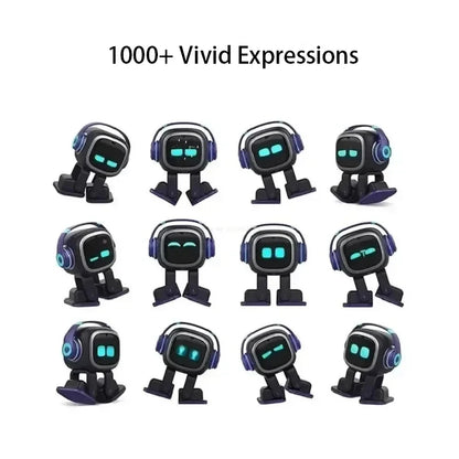 Interactieve compagnonsrobot met blauwe koptelefoon en groene oogleden, op houten tafel naast smartphone. Ideaal voor kinderen en ouderen die een stem