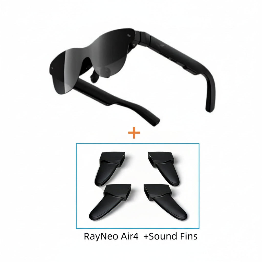 Zwart RayNeo Air 4 smartbril met donkere glazen en USB-C kabel, ideaal voor sportieve gebruikers. Geleverd met een USB-C adapter als cadeau voor dagel