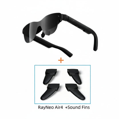 Zwart RayNeo Air 4 smartbril met donkere glazen en USB-C kabel, ideaal voor sportieve gebruikers. Geleverd met een USB-C adapter als cadeau voor dagel