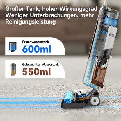 Zwarte en witte W12 SE stofzuiger met blauwe waterdichte borstel, geschikt voor huishoudelijk gebruik. Vooral geschikt voor vloeren en tapijten in woo