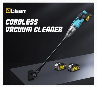 De Gisam draadloze stofzuiger in blauw-zwart, met lithium-ion batterij en diverse accessoires, is krachtig voor het schoonmaken van kantoorvloeren en 
