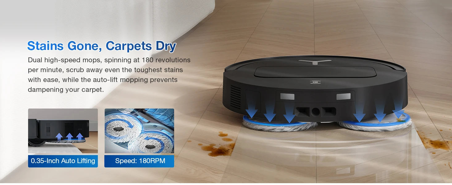 De Ecovacs robotstofzuiger met zwart glanzend chassis en zichtbare blauwe mop, klaar voor automatische vloerreiniging. Modern ontwerp met waterreservo
