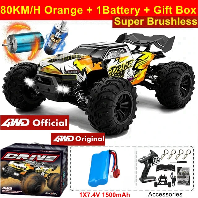 Zwart-pink 1:16 schaal RC monstertruck met 4x4 aandrijving en 80+ km/u snelheid, uitgerust met schokdempers en blauwe LED-verlichting voor terreinrace