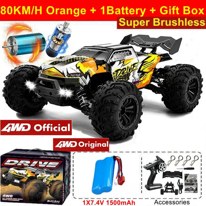 Zwart-pink 1:16 schaal RC monstertruck met 4x4 aandrijving en 80+ km/u snelheid, uitgerust met schokdempers en blauwe LED-verlichting voor terreinrace