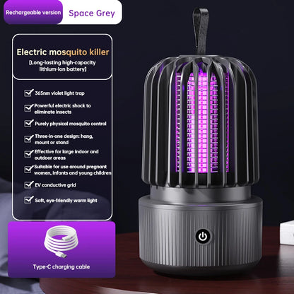 Zwart Xiaomi elektrische muggenkiller met paarse UV-lamp en draagkoord, ontworpen voor binnen- en buitengebruik. Geschikt voor slaap- en zithoeken, me