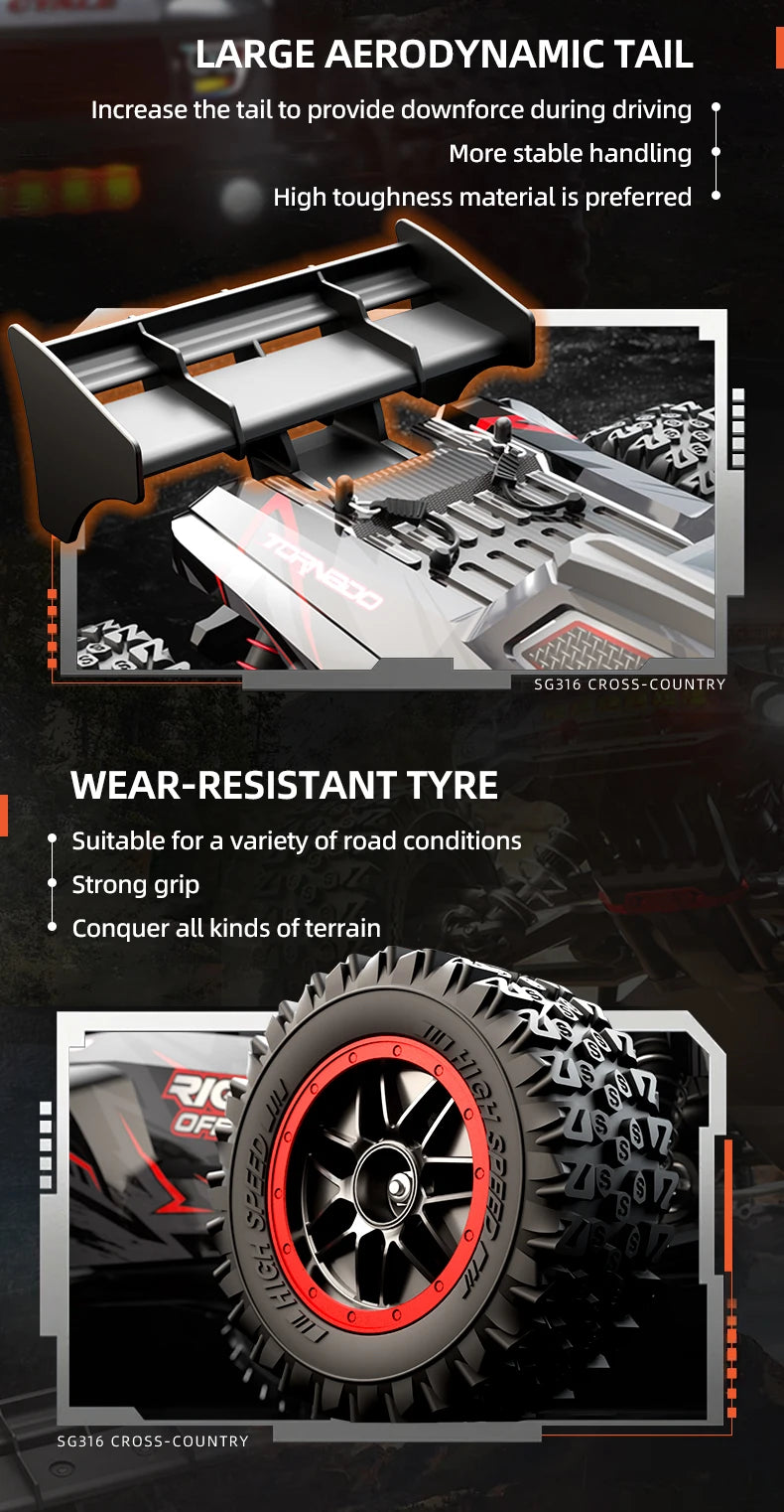 Zwart Rigid off-road RC-raceauto met rode velgen en LED-verlichting, uitgerust met stuur, batterijen en opbergzak voor terreinrijden en speelplezier. 