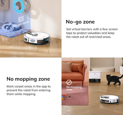 De witte ILIFE robotstofzuiger met zwart accent en bijbehorende oplader, klaar voor slimme stofzuiging via app. Ideaal voor automatische huishoudelijk