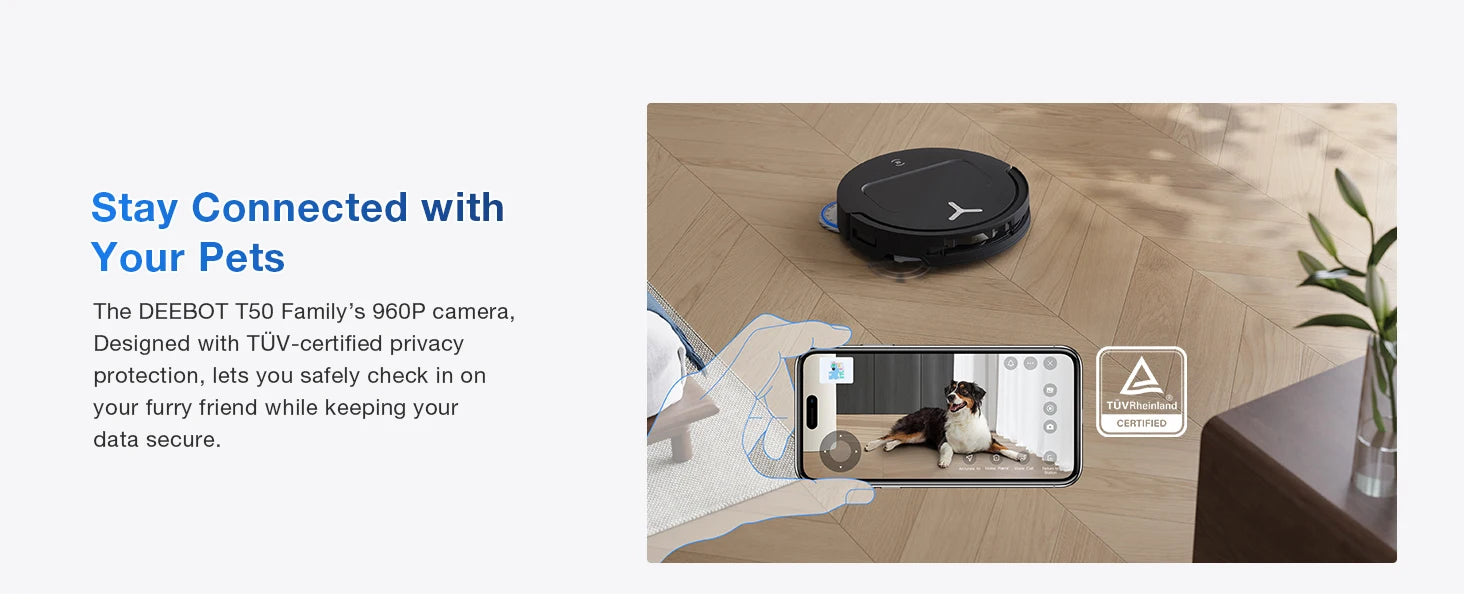 EcoVacs robotstofzuiger met zwart glanzend ontwerp en blauwe mop, klaar voor automatische vloerreiniging. Geïntegreerde basisstation met water- en sto