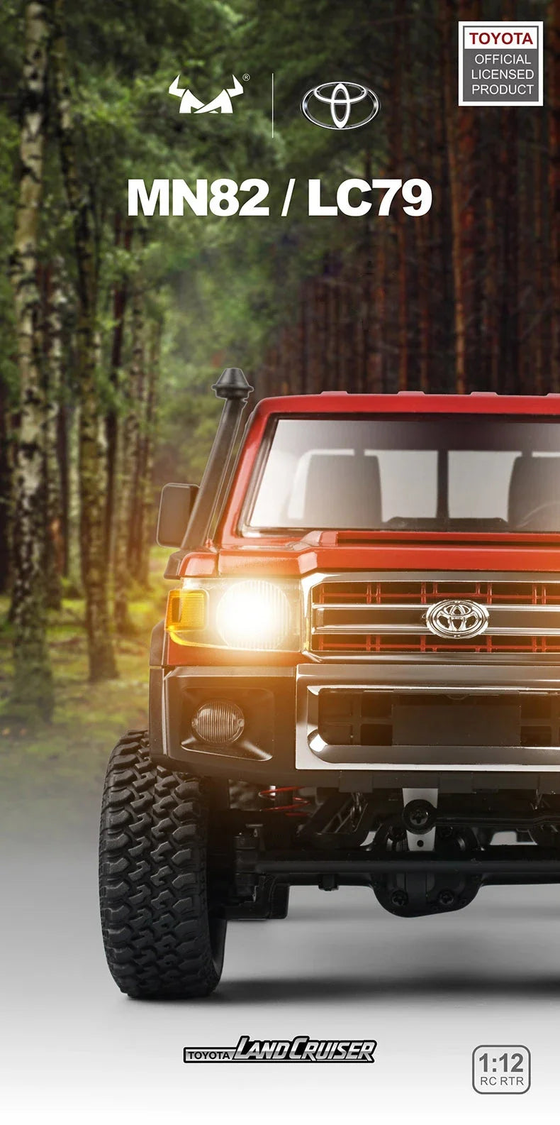 De ZWN MN82S 1:12 RC Toyota Land Cruiser in bruin, met grote terreinbanden en een opvallende voorbumper, staat op rotsachtig terrein. Officieel licent