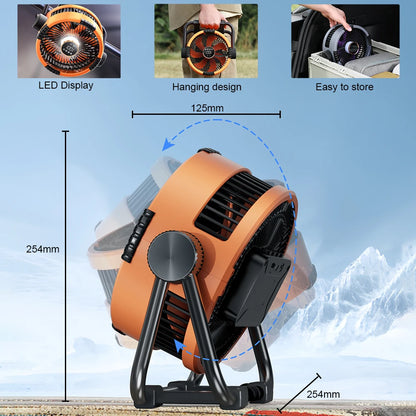 Oranje Kinscoter 6-in-1 kampeerventilator met 20000mAh batterij, digitale display en afstandsbediening, geschikt voor camping en reizen. - Foto 20