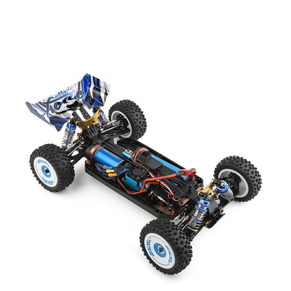 WLtoys Zealot 1:12 4WD RC-raceauto in blauw-wit met goudaccenten, uitgerust met knipperende lichten en rubberen banden, geschikt voor speelplein of bi