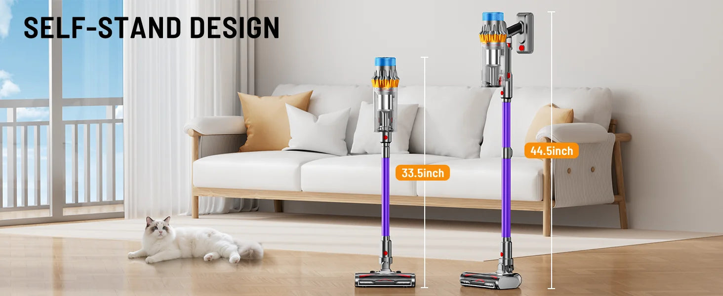Een moderne, paarse draadloze stofzuiger met zichtbare blauwe en gele details, inclusief digitale display, diverse borstels en een lichtgevende onderk