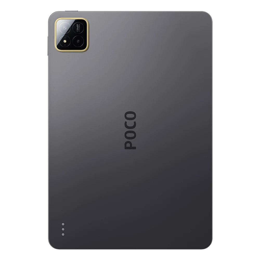 De POCO Pad X1 tablet in donkergrijs met goudkleurige cameraomlijsting, voorzien van een kleurrijke schermachtergrond. Geschikt voor gaming en multime