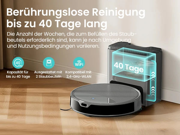 De Lefant M350 Max robotstofzuiger in grijze kleur met glanzende bovenkant en zichtbare lader, toont een slimme app-gebaseerde navigatie voor automati