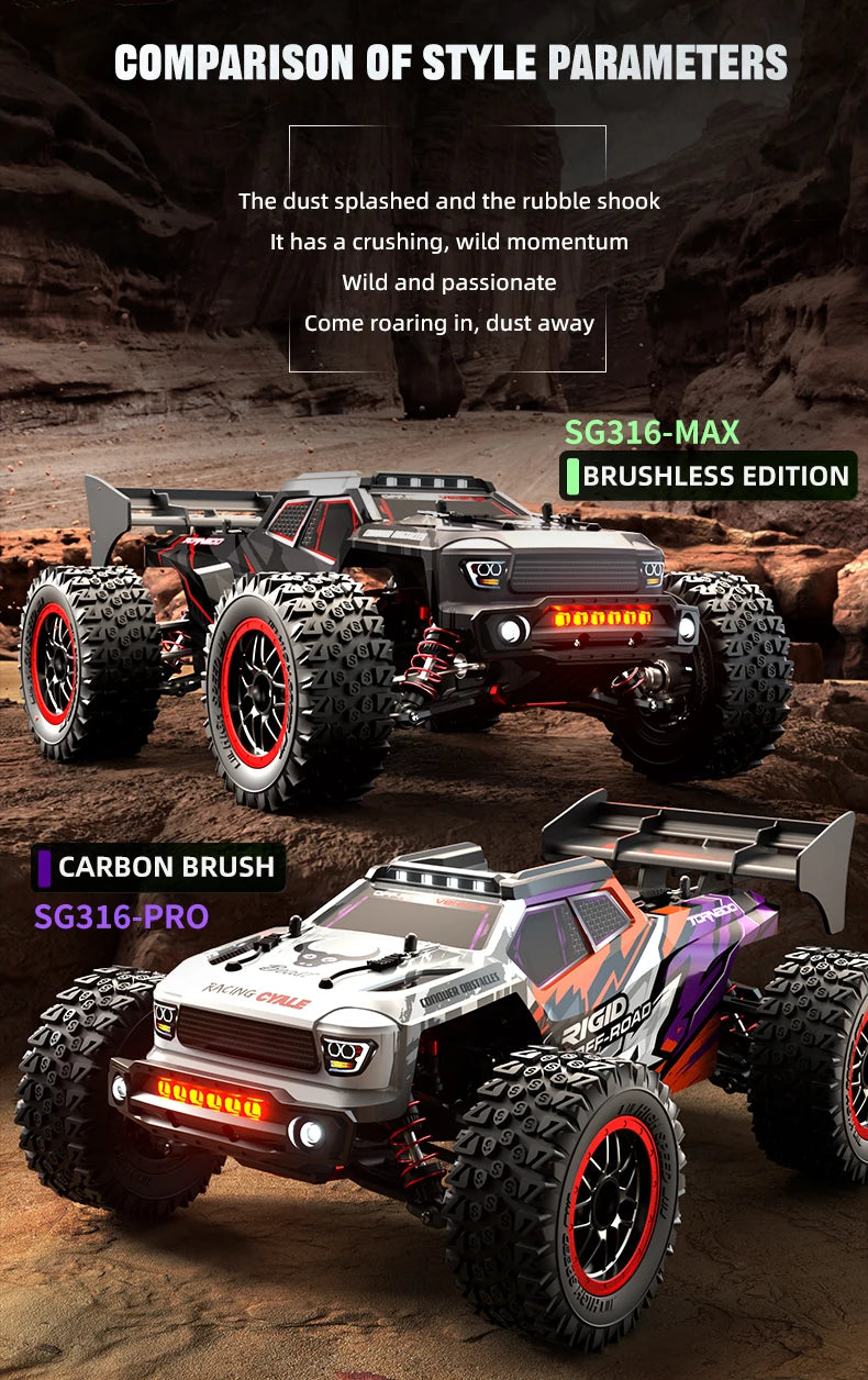 Zwart met rode accenten RC terreinwagen met grote, groefde banden en LED-verlichting, inclusief stuur, batterijen en draagtas voor off-road speelplezi